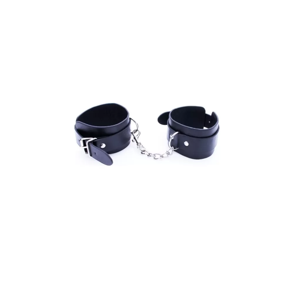 Manette in ecopelle nera handcuffs per polsi fetish bdsm con catenina in metallo