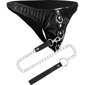 Slip tanga nero in pelle con guinzaglio