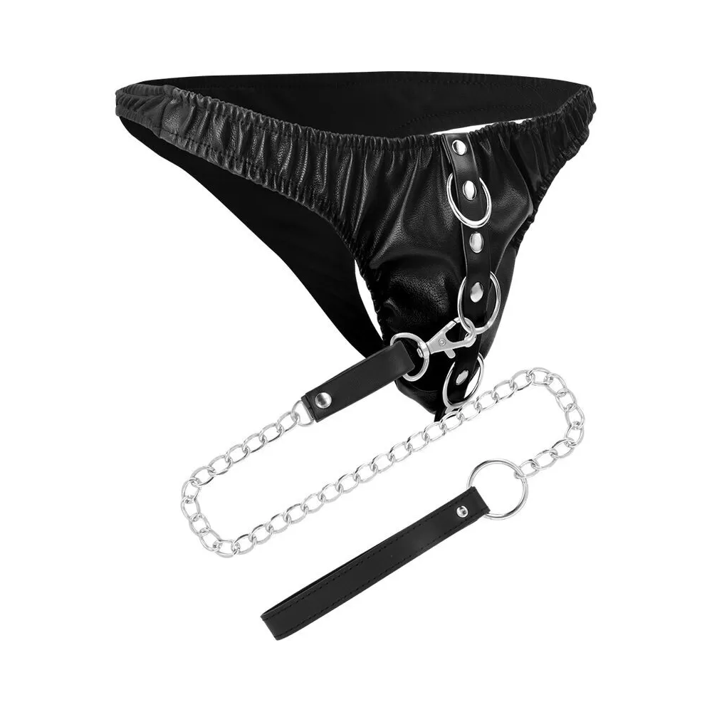 Slip tanga nero in pelle con guinzaglio