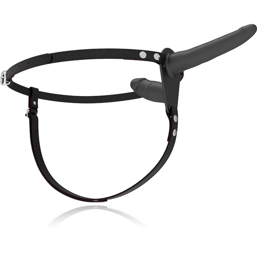 IMBRACATURA SOTTOMESSA FETISH - VIBRATORE NERO A DOPPIA PENETRAZIONE