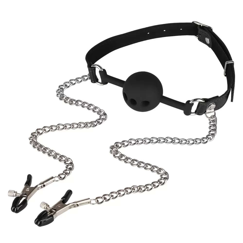 BALL GAG BAVAGLIO COSTRITTIVO BOCCA CON PINZE CAPEZZOLI