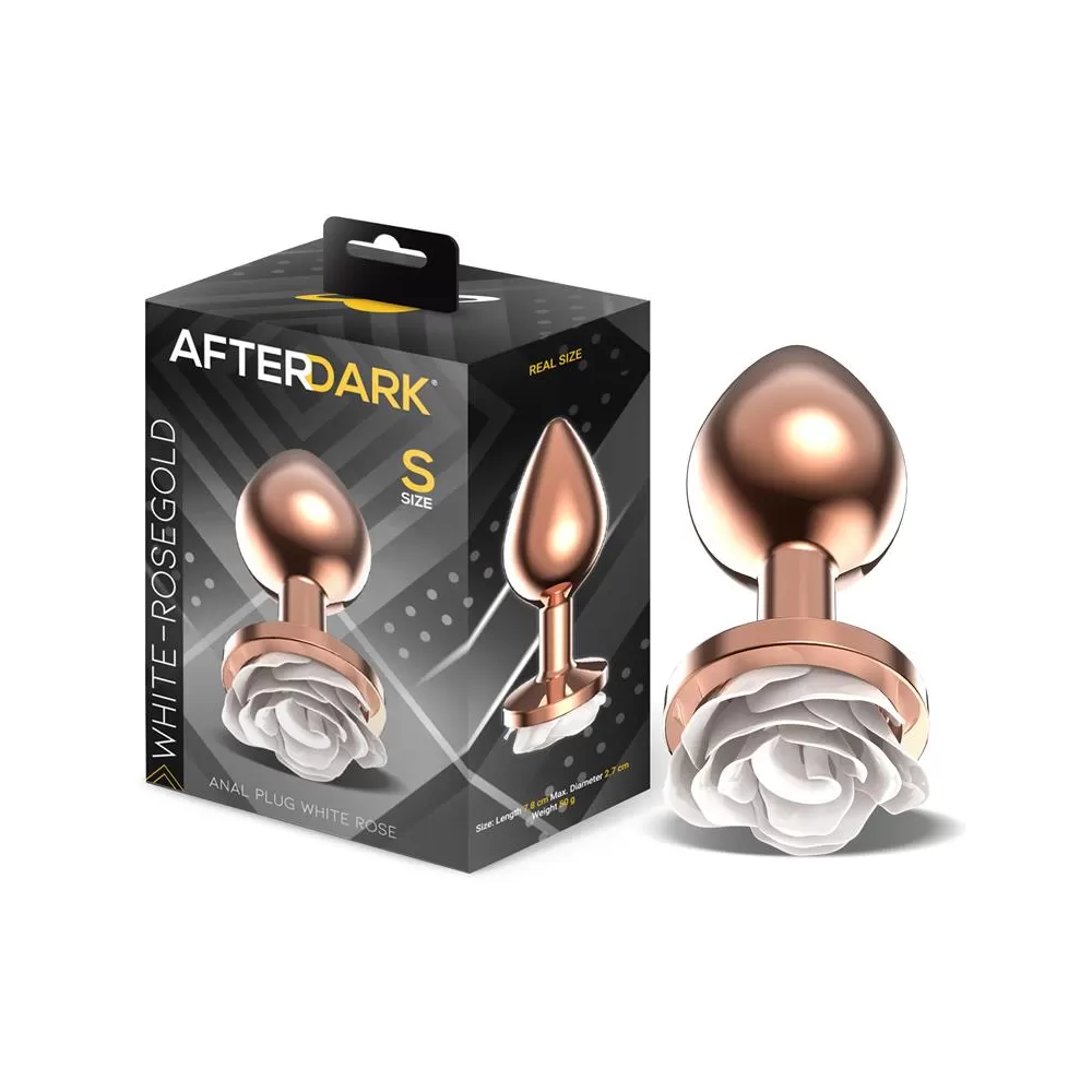 Plug anale in metallo color oro rosa AFTERDARK con base in rosa bianca - Taglia S